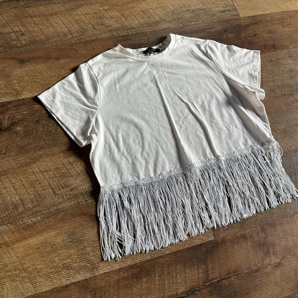 Women's On 12th White Short Sleeve Tee with Silver Fringe, Size M
